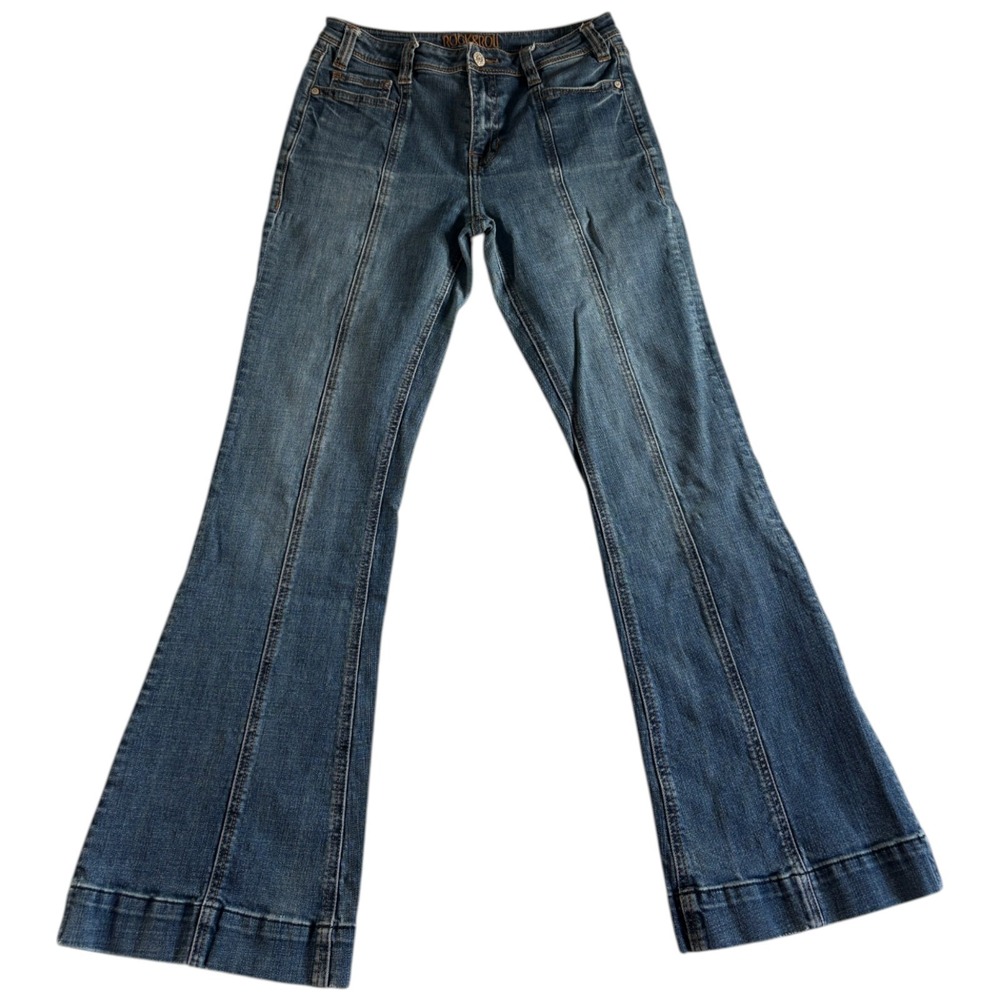 Rock & Roll Flare Jeans Women 29x31.5 Blue Denim Embroidered Logo Stretch Travel